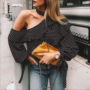One Shoulder Polka Dot Choker Ruffle Top